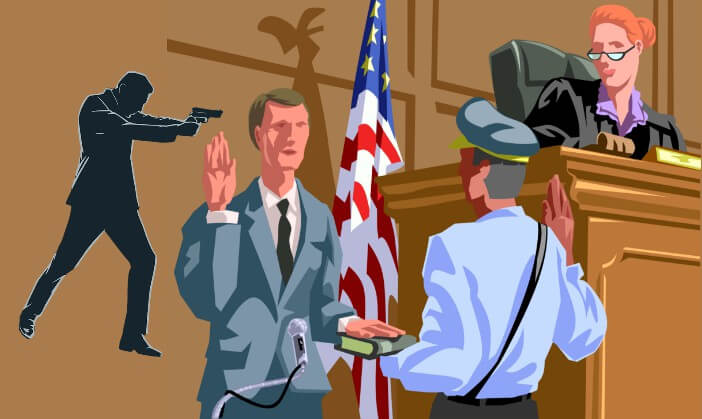 gun pointing to the head of a witness in a courtroom taking the pledge.