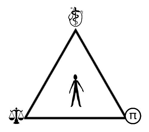 triangle of medicine, law, and mathematics with human being in the middle