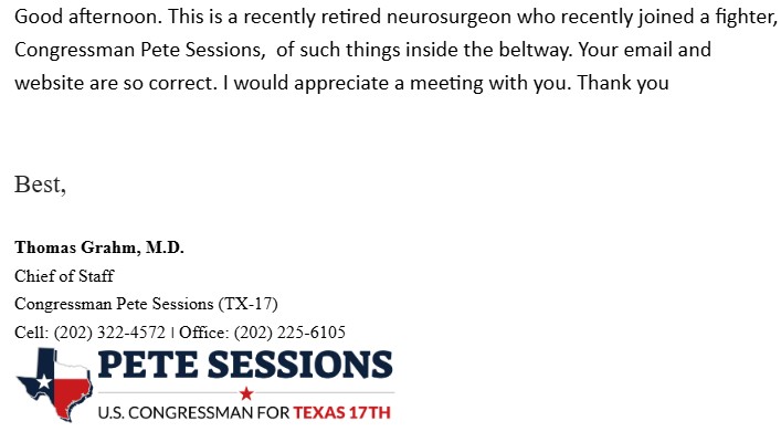 Invitation from Dr. Grahm to visit with Pete Sessions