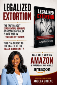 Angela Greene's book cover for Legalized Extortion